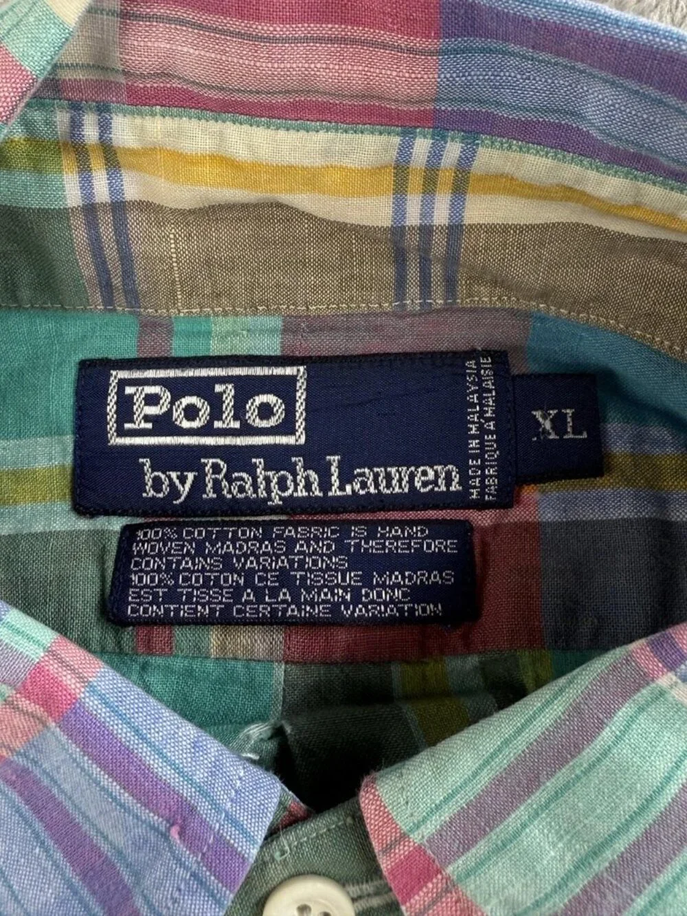 Vintage Polo Ralph Lauren Shirt Mens XL Multicolor Madras Plaid Button Down Long